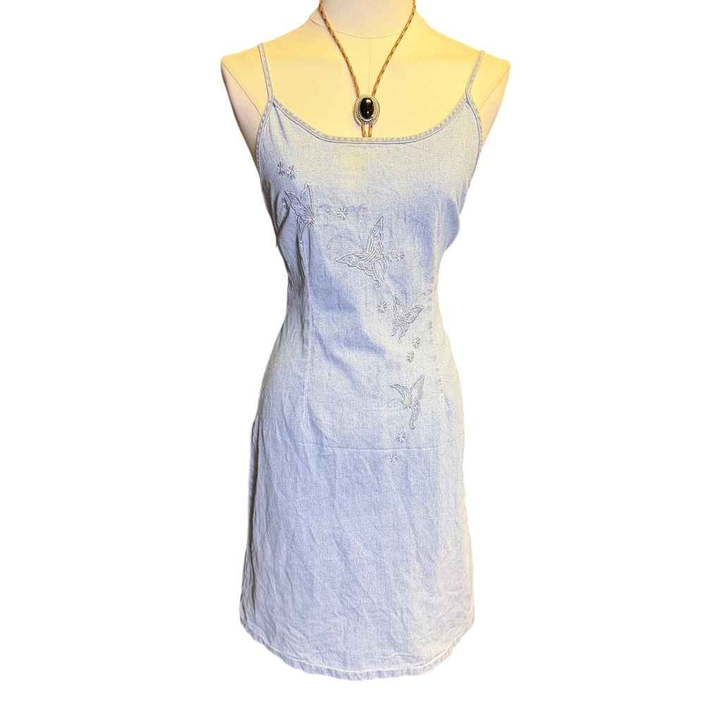 Vtg Gourd Butterfly Embroidered Light Wash Denim Slip Dress L Y2K Grunge fairy
